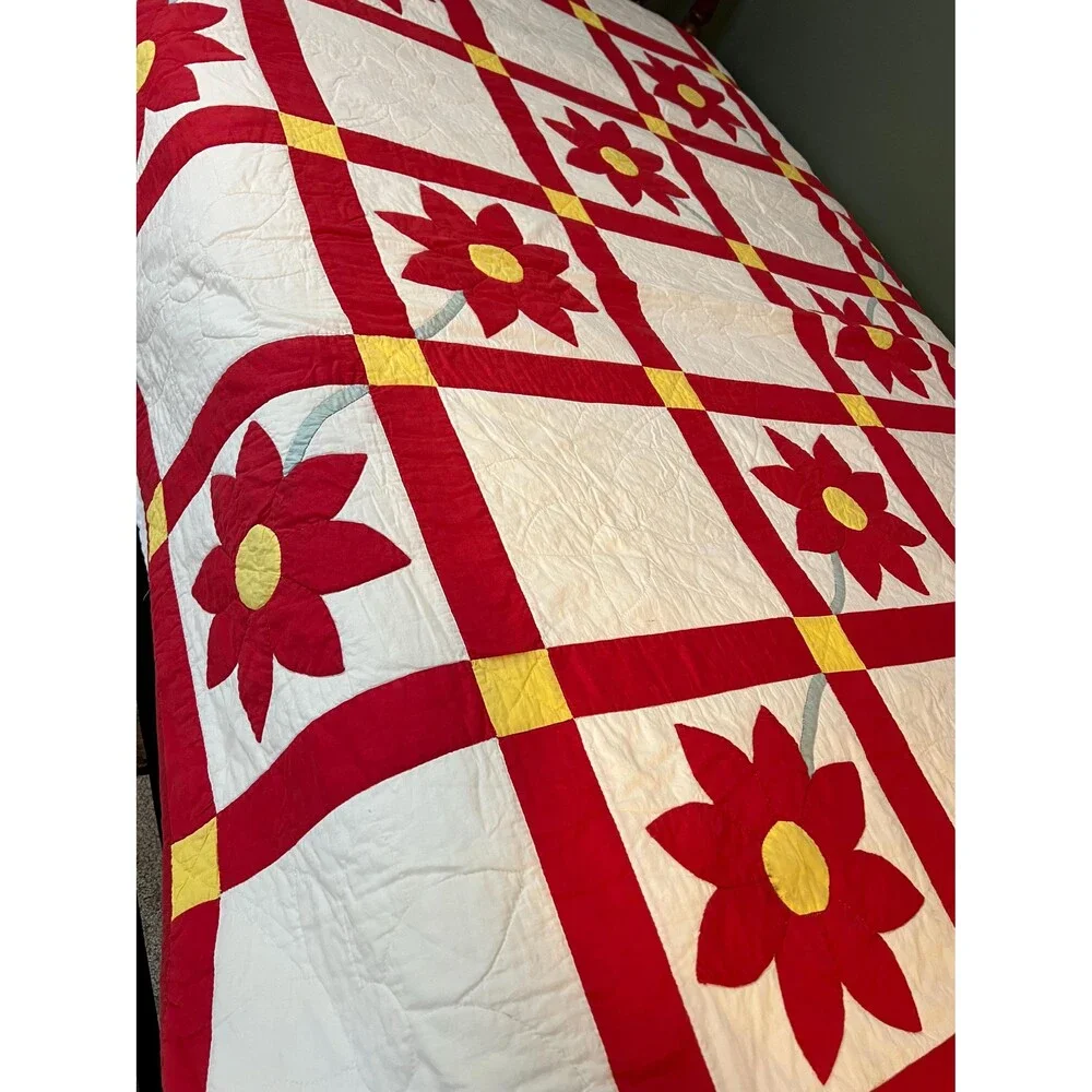 Vintage Red and White Sunflower Quilt
